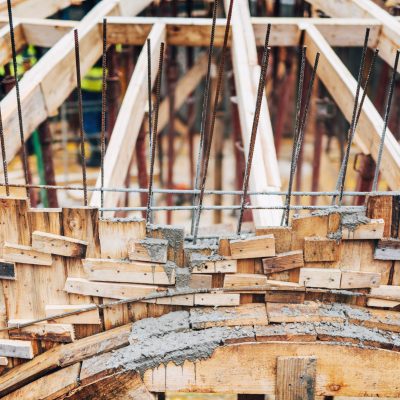 Details of industrial construction site. Architecture dome wooden frame, roof systems and dome layer